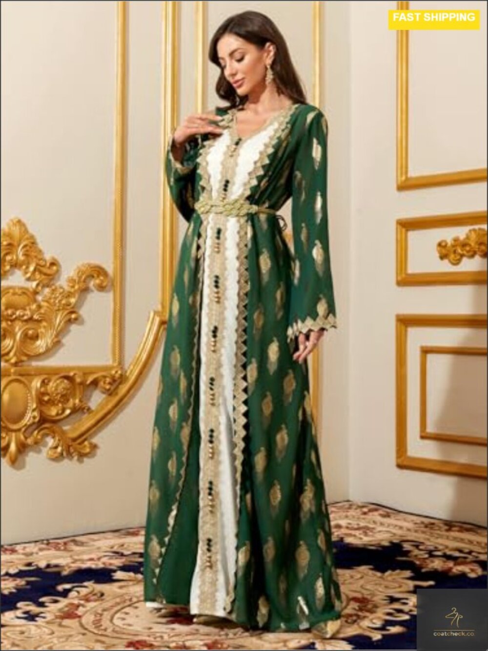 Embroidered Modest Maxi Dress Long Sleeve V-Neck Abaya Kaftan Formal Event - Picture 2 of 5